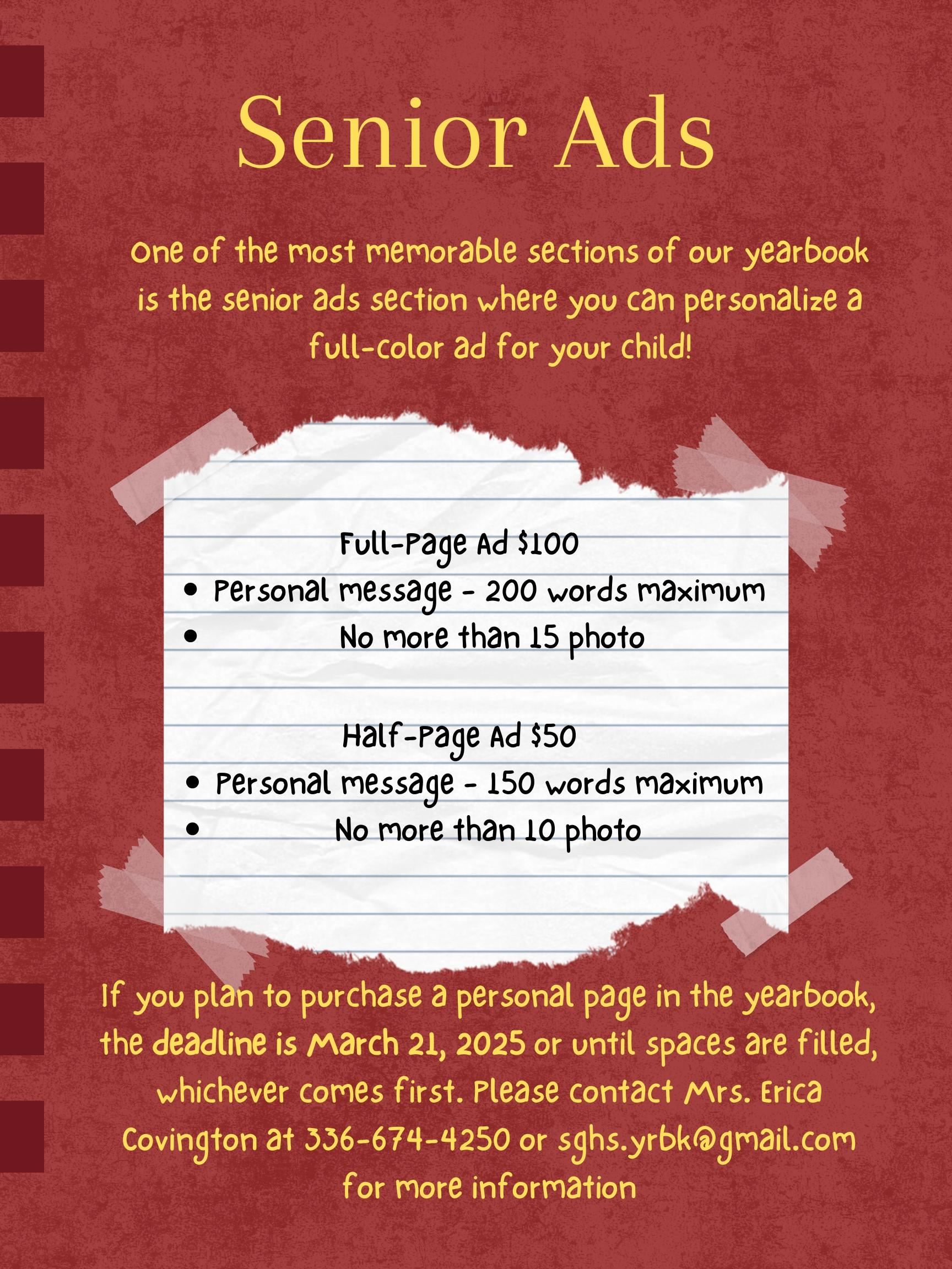 SGHS 2024-2025 Yearbook Senior Ads flyer 